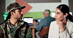 Military, news and briefing with people at headquarters for defense force, command center and war. Security, surveillance operations and Palestine embassy with man and woman for soldier and army