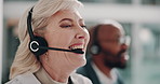 Call center, woman and consultant laughing on microphone for lead generation, funny client or customer service. Telemarketing, mature agent or headset for CRM advisory, online assistance or telesales