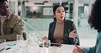 Business, woman and tablet for meeting in office with communication, documents and financial planning. Speaker, people and kpi discussion with finance report, accounting budget and investment growth
