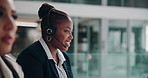 Call center, woman and consultant speaking on microphone for lead generation, telecom support and customer service. Telemarketing, friendly agent and headset for CRM advisory, assistance or telesales