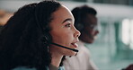 Call center, woman and consultant speaking on headset for lead generation, telecom support and customer service. Telemarketing, agent and microphone for CRM advisory, online assistance and telesales