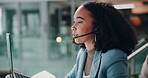 Call center, woman and agent talking on microphone for lead generation, telecom support and customer service. Telemarketing, consultant and headset for CRM advisory, online assistance and telesales