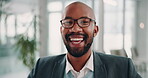 Black man, face and laugh for business with glasses, job opportunity and excited for future in company. Professional, happy and portrait in office for accounting internship, growth and pride in Kenya