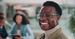 Man, face and happy for business with glasses, job opportunity and excited for future in company. Professional, laugh or portrait in office for accounting internship, growth or pride for development