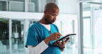 Nurse, black man and scroll with tablet in hospital for healthcare news, online schedule and review report. Male person, digital app and medical history, emergency notification and telehealth update