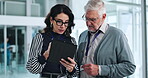 People, employees and explain with tablet at office for research project, website and internet. Business, employees and discussion on meeting with teamwork, collaboration and feedback or report