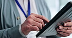 Hands, business and man with tablet in office for medical report, healthcare email and financial investment. Senior, person and digital with communication, schedule and hospital administration agenda