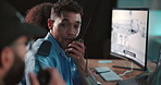 Security, people and discussion with radio in office for crime watch, feedback and surveillance. Men, cctv and working with communication in control room for protection, update and building safety