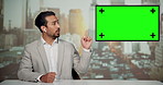 News, anchor and man at desk with green screen, information and story on city background in studio. Reporter, journalist or media presenter in chromakey newsroom with talk show, broadcast or update