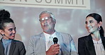 People, panel and auditorium with mic at seminar for global networking, discussion and public speaking. Tradeshow, presenter and speak at conference or summit for business development and opportunity