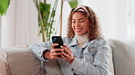 Home, smile and woman with cellphone, typing and internet for social media, connection and comfort. Happy person, apartment or girl with smartphone, relax or digital app for email, contact or message