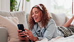 Home, smile and woman with cellphone, comfort and internet for social media, connection or typing. Happy person, apartment or girl with smartphone, relax or digital app for email, chatting or message