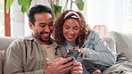 House, typing and couple with smartphone, love and bonding together in living room. Apartment, man and woman on couch, mobile user and cellphone with social media, internet and connection in lounge