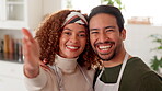 Face, selfie and couple in kitchen, smile and photography in house, love and romance for cooking. Happy, man and memory with woman, profile picture and portrait of people, embrace or laughing in home