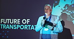 Microphone, seminar and ceo presenter with tablet for public speaking on podium for vehicle innovation. Speech, tradeshow and mature male logistics engineer at convention for future of transportation