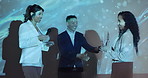Business people, speech and award for woman at conference, stage or congratulations for performance at company. Man, speaker and achievement with trophy, recognition and reward for success in career