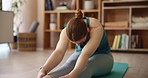 Breathing, stretching and yoga with woman on mat in living room of home for awareness or balance. Awareness, exercise and fitness with yogi person in apartment for health, pilates or wellness