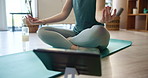 Lotus, pose and stretching with tablet for yoga, home practice and spirituality on exercise mat. Person, tech and strong for wellness, zen or meditation as woman in house for health, balance or peace