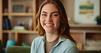 Face, house and woman with smile in lounge, happiness and funny with comfort, break and morning. Portrait, apartment and person with confidence, positive mindset and girl with peace in living room