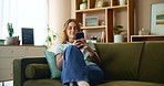 Phone, happy and woman on sofa in home for text on dating app for online connection in living room. Relax, technology and female person with cellphone for finding love on social media at house.