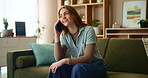 Phone call, talking and woman in home, smile and conversation with contact, living room and relax. Communication, student and asking for advice, homework and planning of assignment in apartment