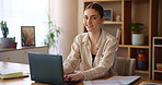 Laptop, typing and face of happy woman in home office for remote work, email or editing article. Computer, portrait and creative freelancer with smile for online review, business or publishing in USA