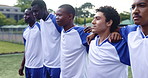 Soccer, team and men listening to national anthem on sport field for match and game with solidarity. Training, fitness and exercise of athlete group with competition, support and outdoor together