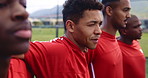 Soccer game, team and men listening to national anthem on sport field with players and solidarity. Training, fitness and exercise of athlete group with competition, support and outdoor together