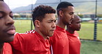 Soccer, team and men together for national anthem on sport field for match and game with solidarity. Training, fitness and exercise of athlete group with competition, support and outdoor with friends