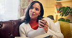 Woman, coffee and book for thinking in home, literature and fiction novel with advice for reflection. Female person, drinking tea and rest with self help knowledge in lounge, hot espresso and ponder