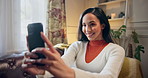 Happy woman, phone and relax with selfie on sofa for picture, memory or social media at home. Young, female person or user with smile on mobile smartphone for moment, capture or online post at house