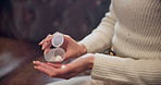 Woman, hands and pills with container on sofa for medication, illness or prescription dosage at home. Closeup, female person or chronic patient with tablets for pharmaceutical care or health remedy