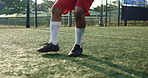 Feet, person and warm up for soccer outdoor with fitness practice, running and exercise performance. Athlete, cardio progress and speed challenge for football, agile sports and game training on field