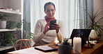 Woman, phone and freelancer typing in home for text message, checking notification and social media scroll. Remote work, person and smartphone in house for client email, communication and mobile chat