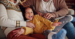 Tickling, parents and child in Christmas, playing and fun with daughter, games or relax for holiday. House, woman and man with girl, living room and love for festive, celebration or family with smile