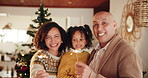 Sparklers, parents and child in Christmas, playing and fun with daughter, games or relax for holiday. House, woman and man with girl, bonding and love for festive, celebration and family with smile