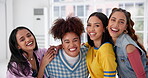 Friends, gen z and creative with face of women in studio for youth, culture and Identity. Dance crew, fashion and cool with portrait of people at rehearsal practice for support, trends or streetwear