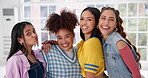 Friends, gen z and diversity with face of women in studio for youth, culture and Identity. Dance crew, fashion and cool with portrait of people at rehearsal practice for support, trends or streetwear