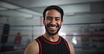 Happy, sports and face of man boxer in gym for competition practice, match or workout for conditioning. Smile, confident and portrait of fighting champion from Mexico in ring for fitness training.