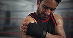 Hand, injury and shoulder pain with boxer man in gym for exercise, fitness or training routine. Accident, anatomy and emergency with face of sports person in health club for physical workout closeup