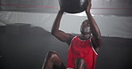 Black man, catch and medicine ball at gym for fitness workout, balance training and core strength. Athlete, male person and equipment with cardio challenge, strong muscles and wellness of performance