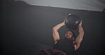 Men, catch and medicine ball at gym for fitness workout, balance training and core strength. Athlete, people and equipment with cardio challenge, strong muscles and wellness goals of performance club