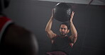 People, catch and medicine ball at gym for fitness workout, balance training and core strength. Athlete, men and equipment with cardio challenge, strong muscles and wellness goals of performance club