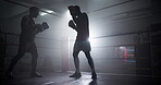 Boxer, coach and man with training for fitness in boxing ring with punch workout, agile fighting skills and intense action. Impact sport, preparation and personal trainer with gloves for self defense