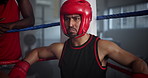 Sports, boxing and man with coach in corner for challenge, competition and tournament in ring fight. Personal trainer, fitness and person with boxer for help with performance, training and practice