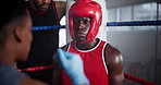 Fight, boxing and man with coach in corner for challenge, competition and sports tournament in ring. Personal trainer, fitness and person with boxer for help with performance, training and motivation