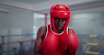 Boxing, punch and face of black man in gym with action, energy and champion athlete training for competition. Gloves, hit and boxer in ring with fitness, exercise or workout challenge at fight club