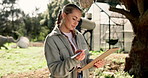 Writing, farm and woman with clipboard, nature and growth of crops, environment and inspection in morning. Outdoor, checklist and small business of agriculture, eco friendly and sustainability