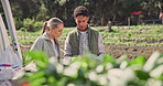 Discussion, farm and team with tablet, nature and growth of crops, environment and inspection in morning. Outdoor, agriculture and people with checklist, talking and sustainability of small business