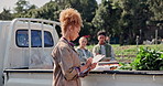 Discussion, inspection and woman with tablet, farm and growth of crops, environment and stock in morning. Outdoor, agriculture and vegetables in truck, walking and sustainability of small business